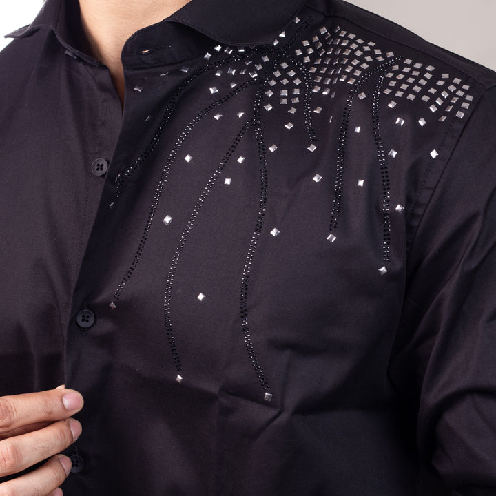 Suturee Craaft Midnight Radiance Club Swarovski Satin Shirt