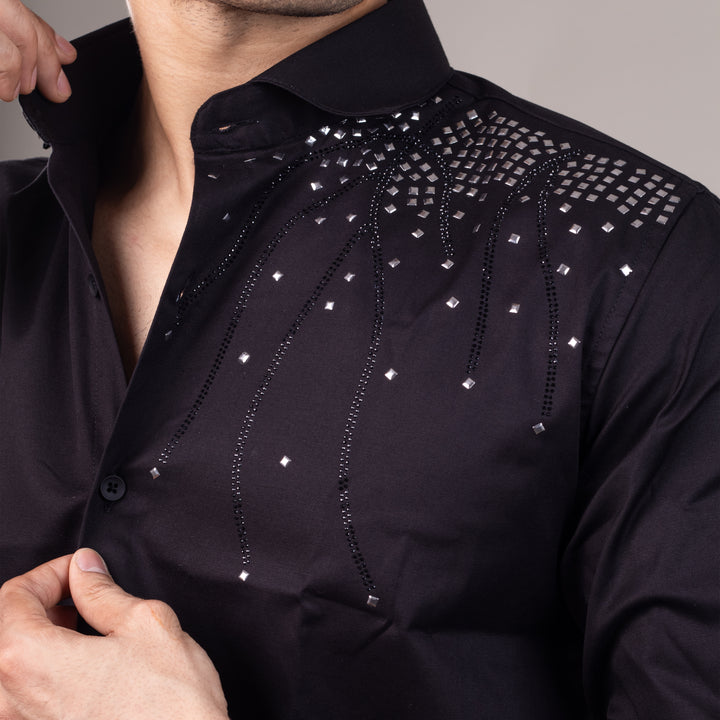 Suturee Craaft Midnight Radiance Club Swarovski Satin Shirt